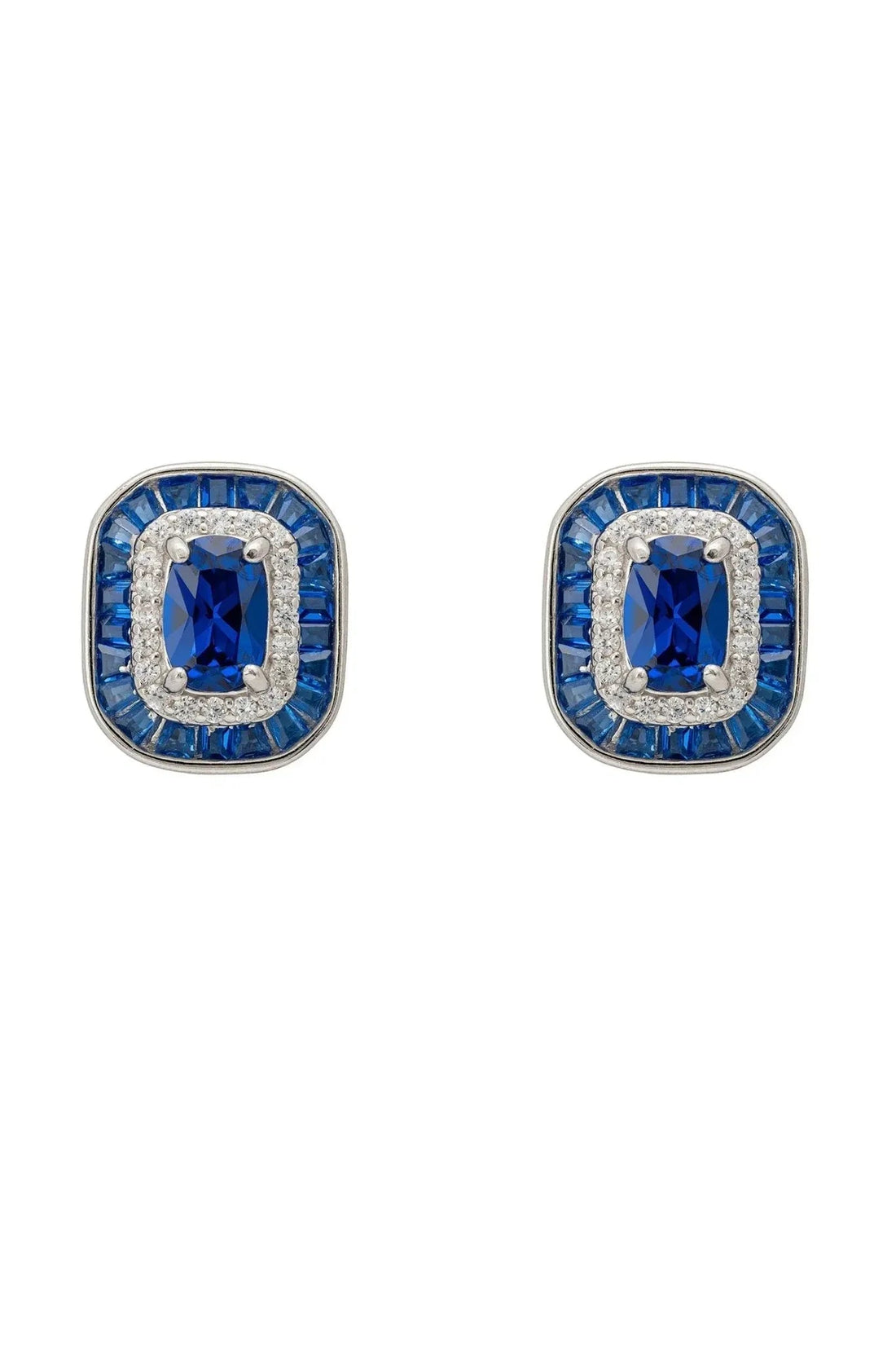 Silver stud earrings with blue sapphire center and crystal square halo