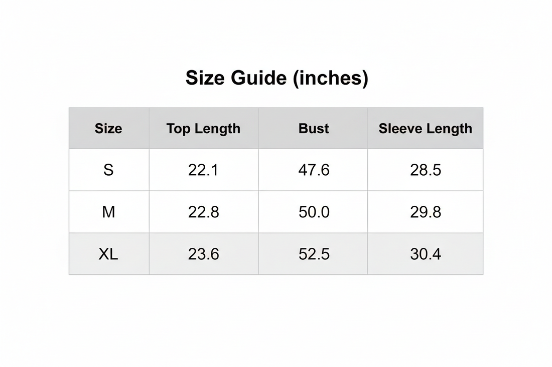 Size guide inches table with S, M, XL top length, bust, and sleeve measurements