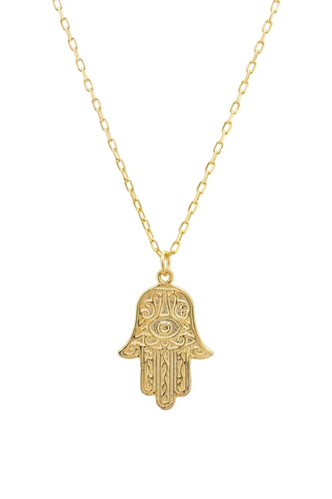 Gold-tone hamsa evil eye pendant necklace with embossed hand charm