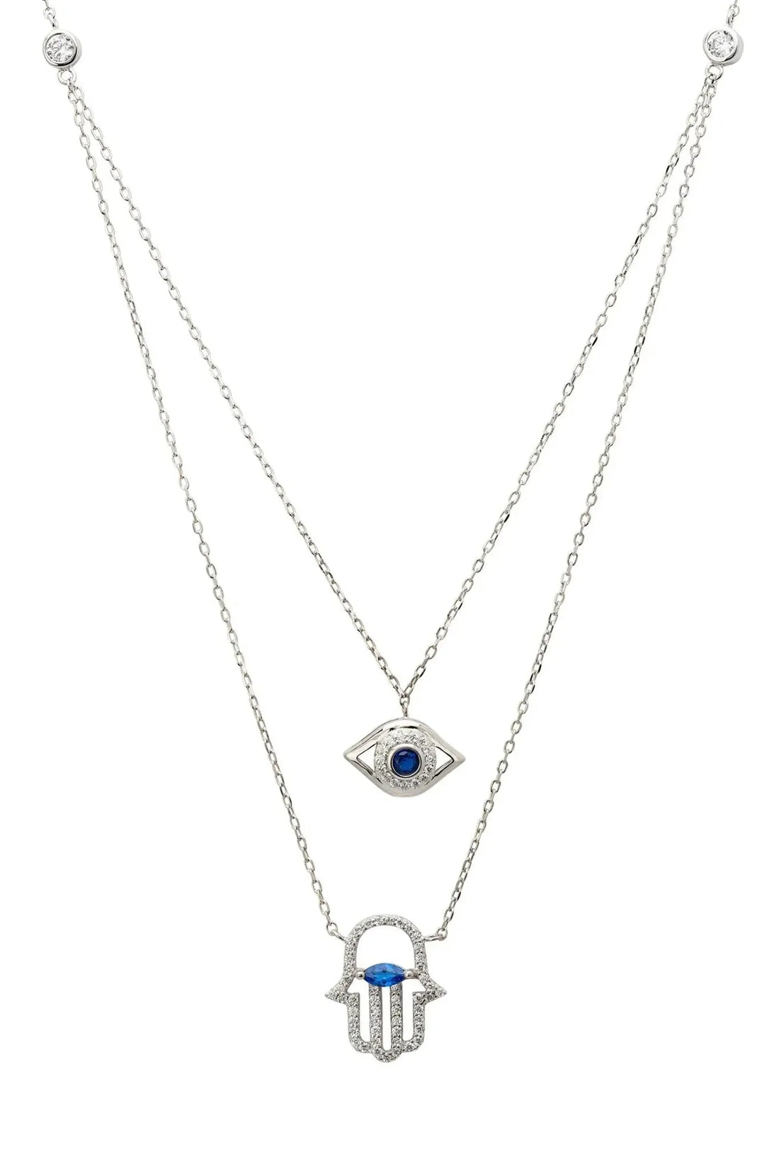 Silver layered necklace with evil eye and hamsa charms, double chain