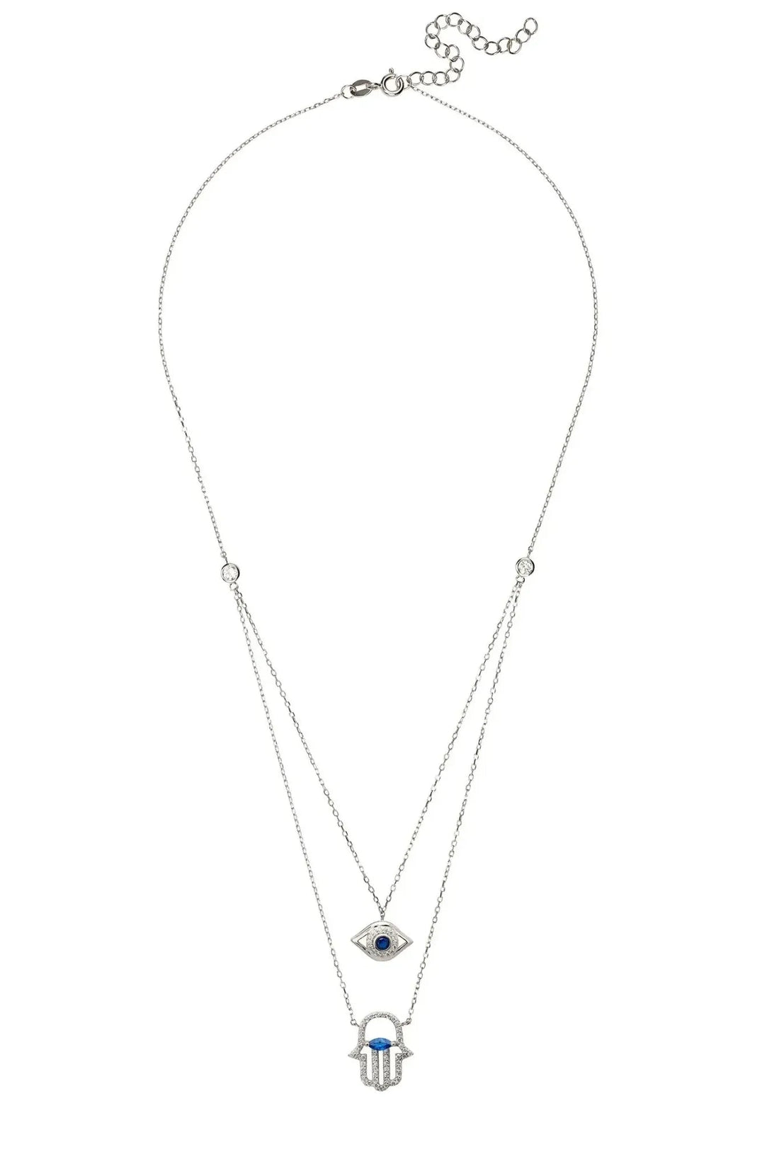 Silver layered necklace with evil eye and hamsa charms and clasp