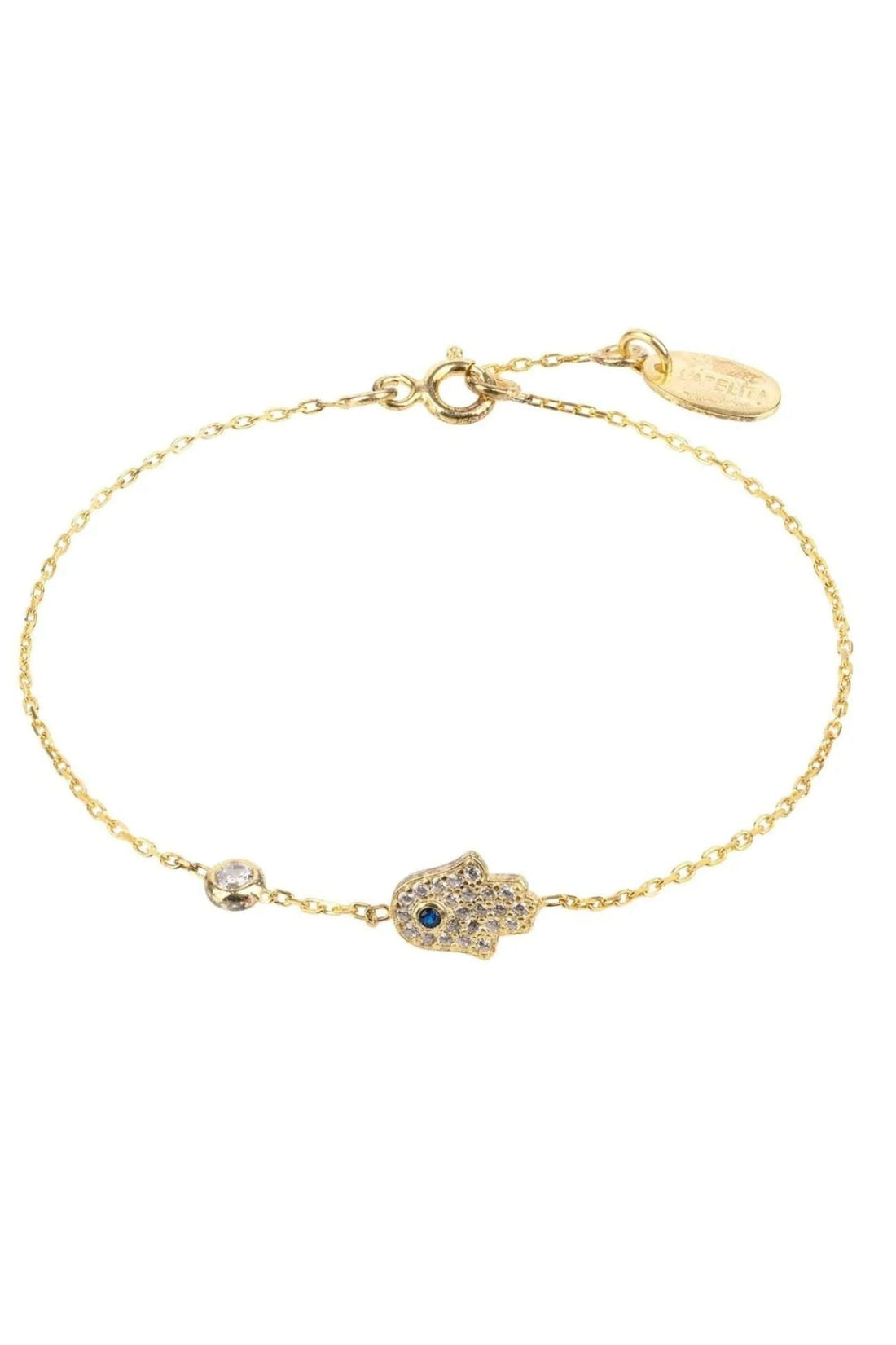 Gold-tone hamsa hand charm bracelet with blue center stone and chain links