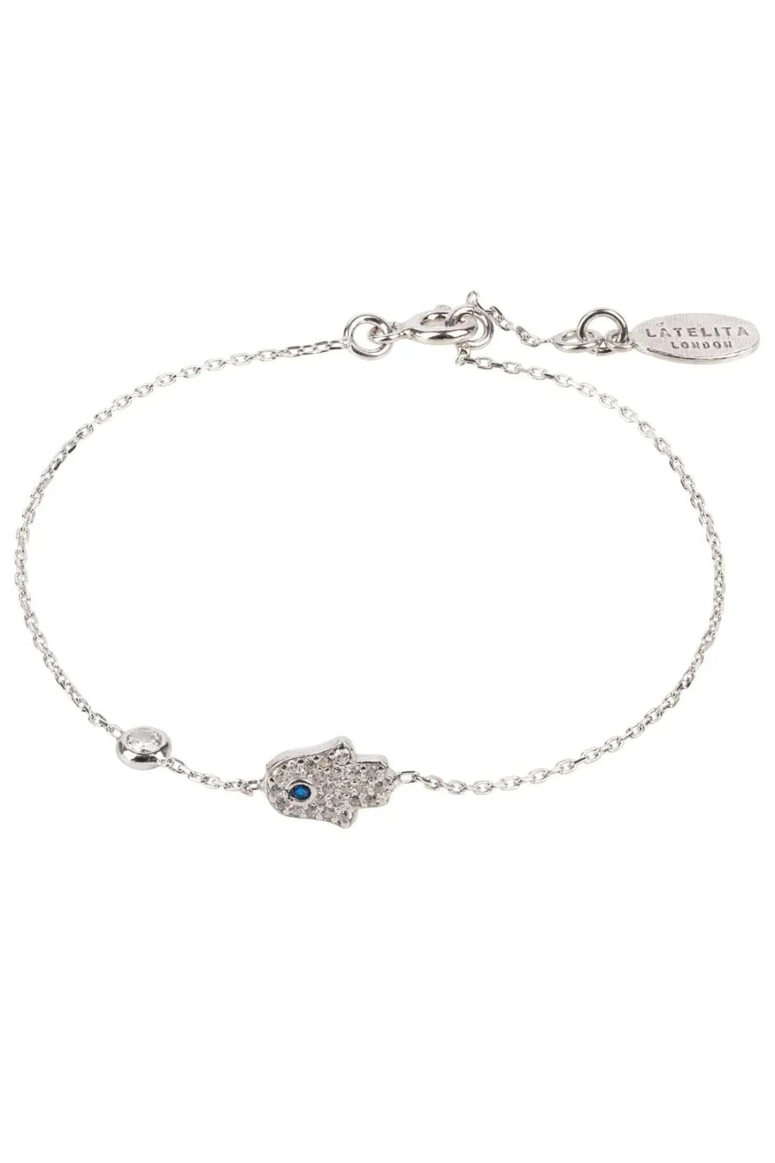 Silver-tone hamsa hand charm bracelet with blue center stone on chain