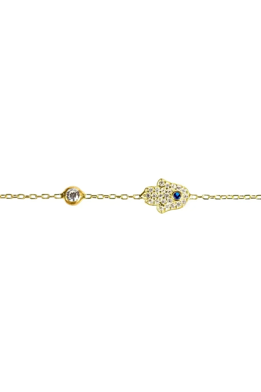Gold-tone hamsa hand bracelet with pave-style hamsa and blue center charm