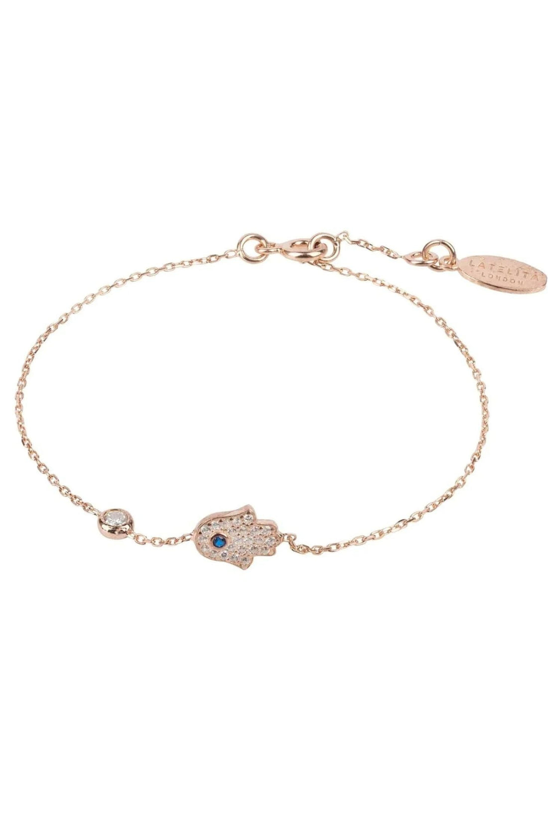 Rose gold hamsa hand charm bracelet with blue center stone and oval links