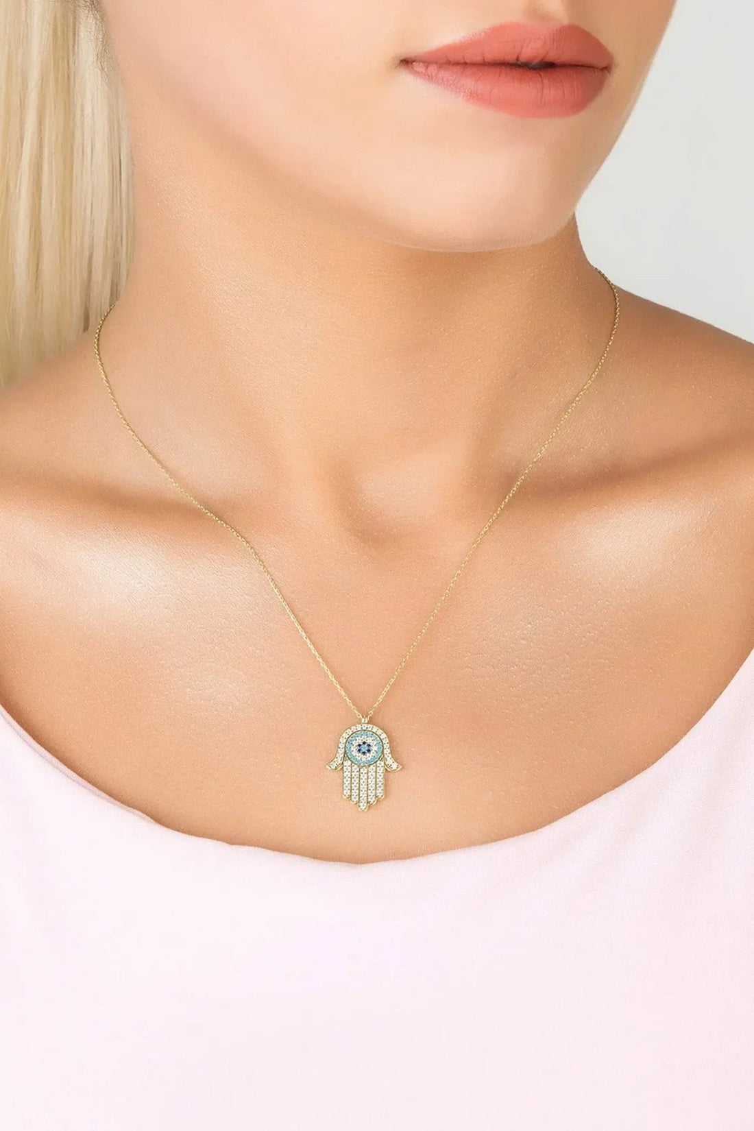 Hamsa Hand With Evil Eye Pendant Necklace Gold-1