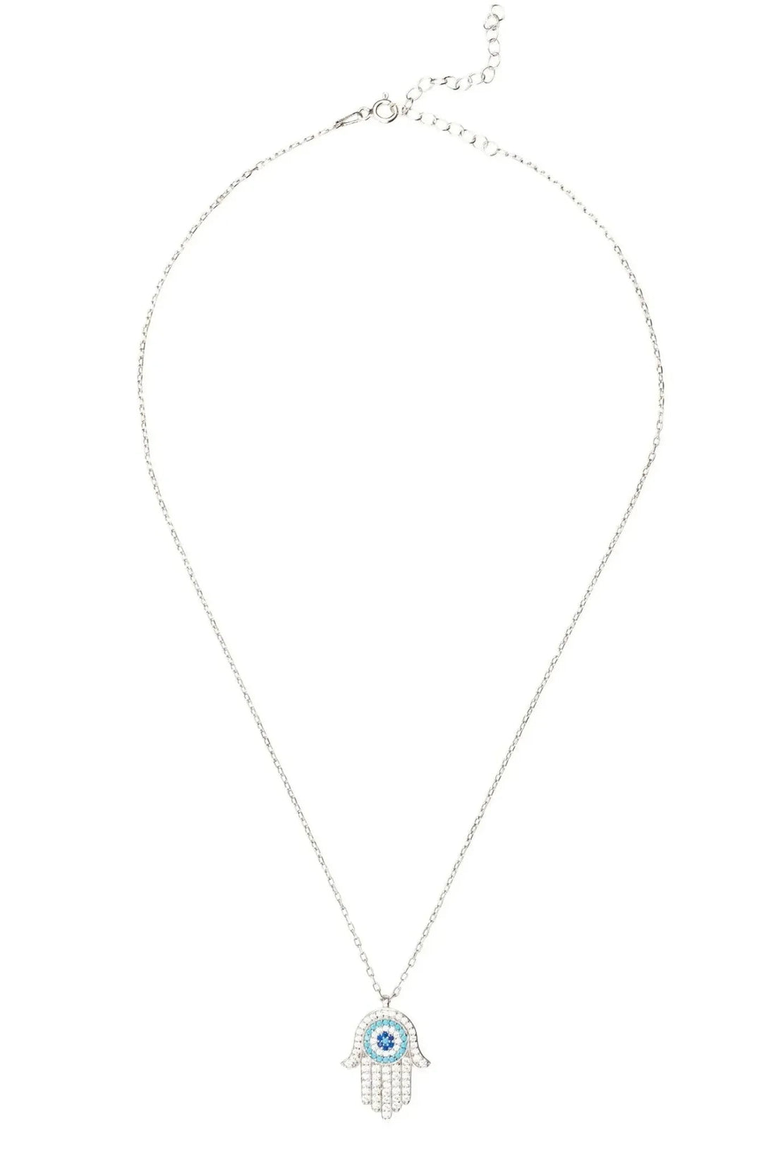 Silver chain teardrop necklace with Hamsa evil eye pendant and turquoise eye