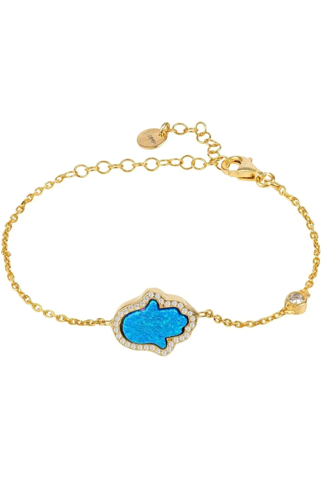 Gold chain bracelet with blue opalite Hamsa charm and crystal border