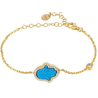 Gold chain bracelet with blue opalite Hamsa charm and crystal border
