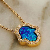 Hamsa opalite turquoise blue gold necklace with pavé halo pendant