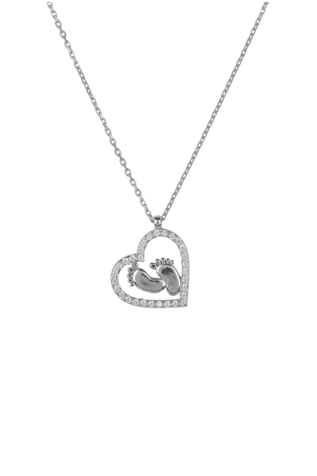 Silver heart mum pendant necklace with handprint charm on a chain.