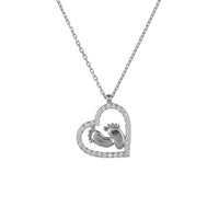 Silver heart mum pendant necklace with handprint charm on a chain.