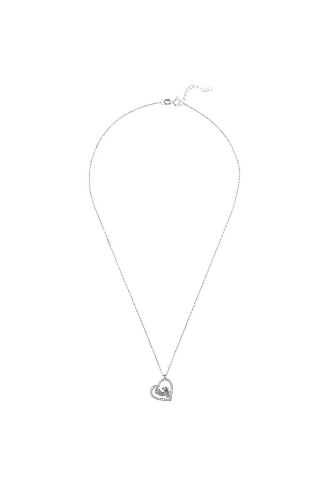 Silver heart mum pendant necklace with chain and small mum handprint charm.