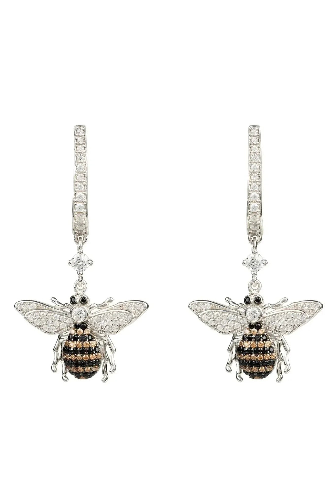 Silver-toned drop earrings with rhinestone huggers and bee charms