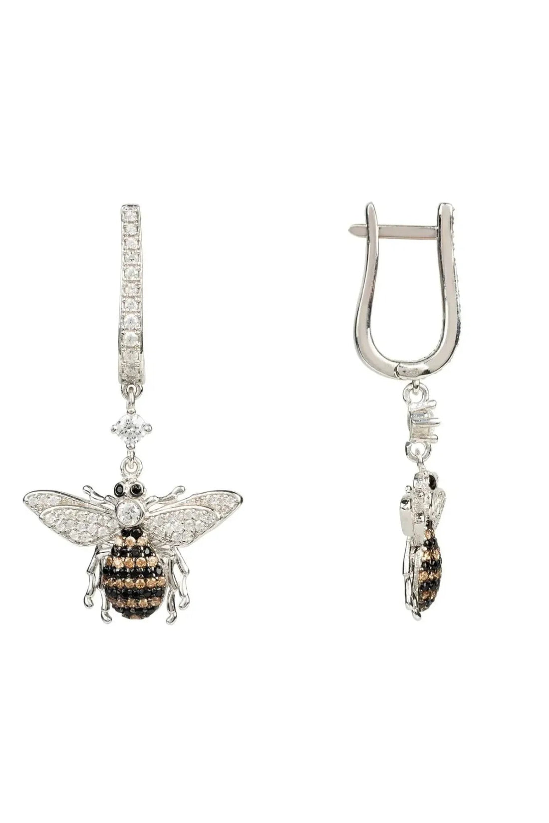 Silver bee drop earrings shown side view with hooked clasp and dangling charm
