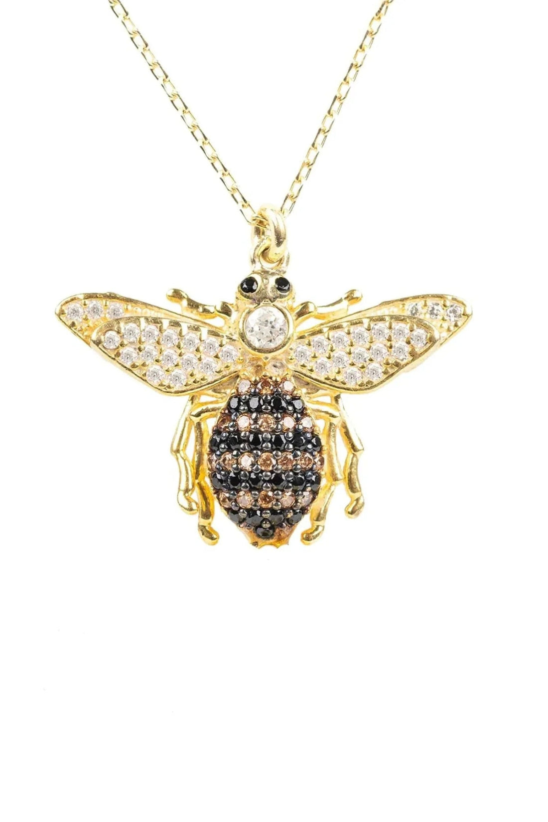 Gold honey bee pendant necklace with crystal-set wings and black enamel body