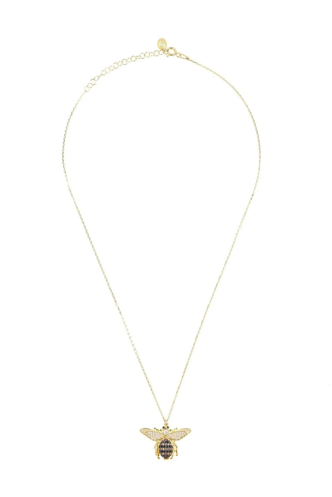 Gold-tone bee pendant necklace with dangling honeybee charm on a chain