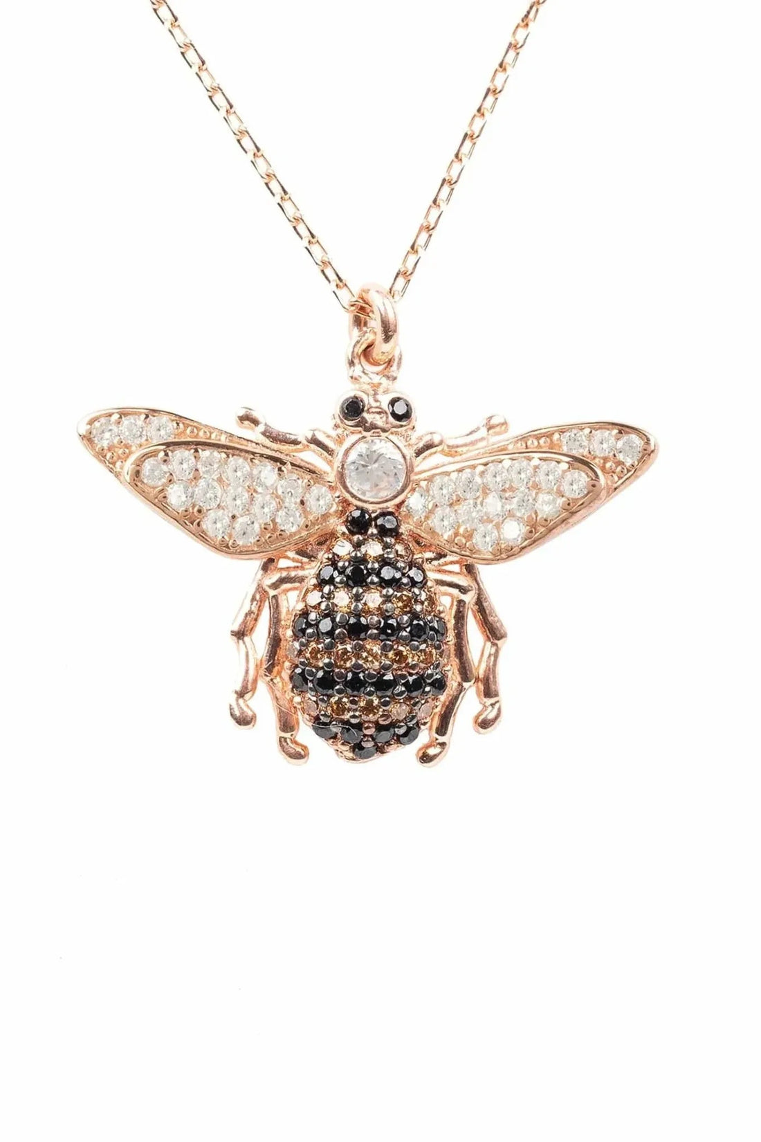 Rose gold honey bee pendant necklace with sparkling wings and black bead body