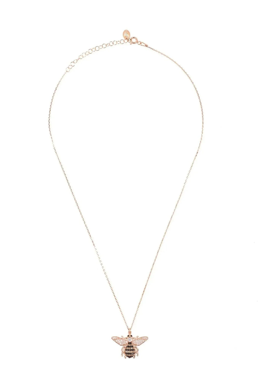 Rose gold honey bee pendant necklace with open wings and black accent body