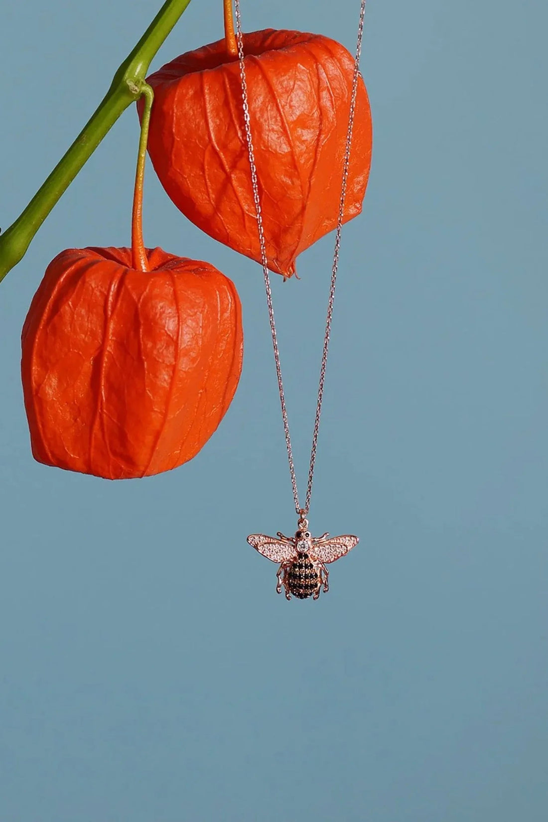Silver honey bee pendant necklace with dangling rhinestone bee charm on chain
