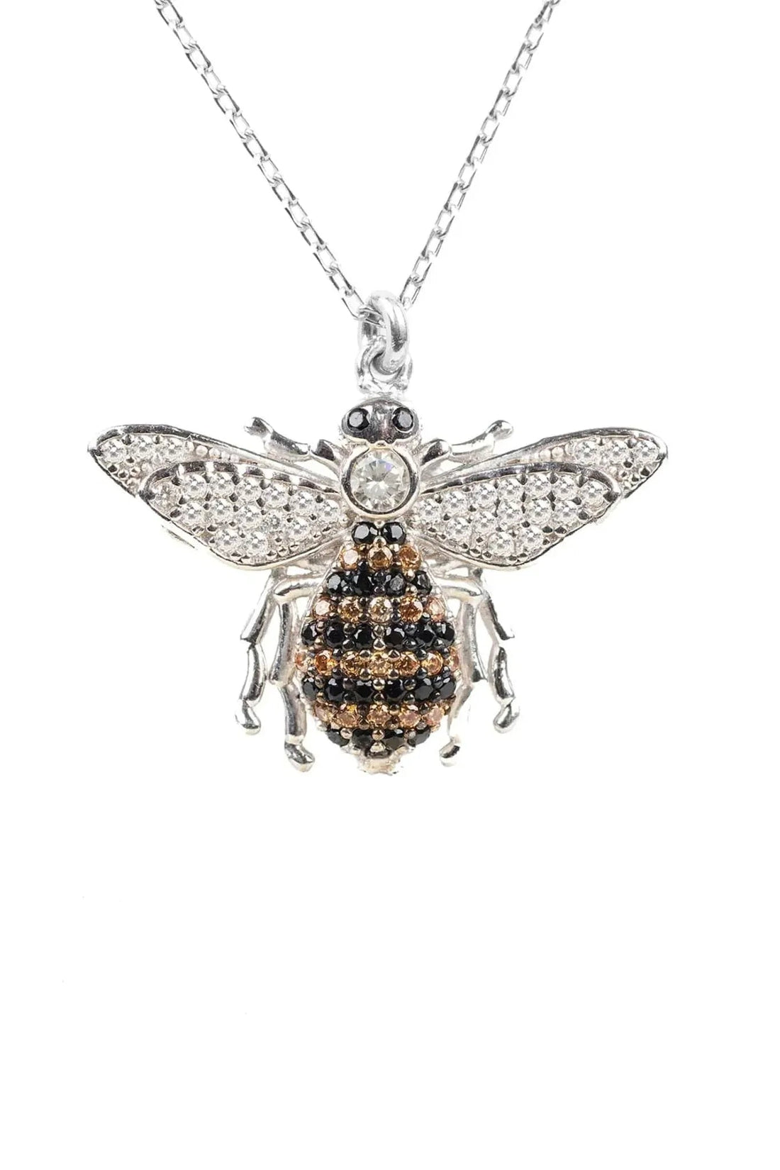 Silver honey bee pendant necklace with sparkling rhinestone wings and bee center