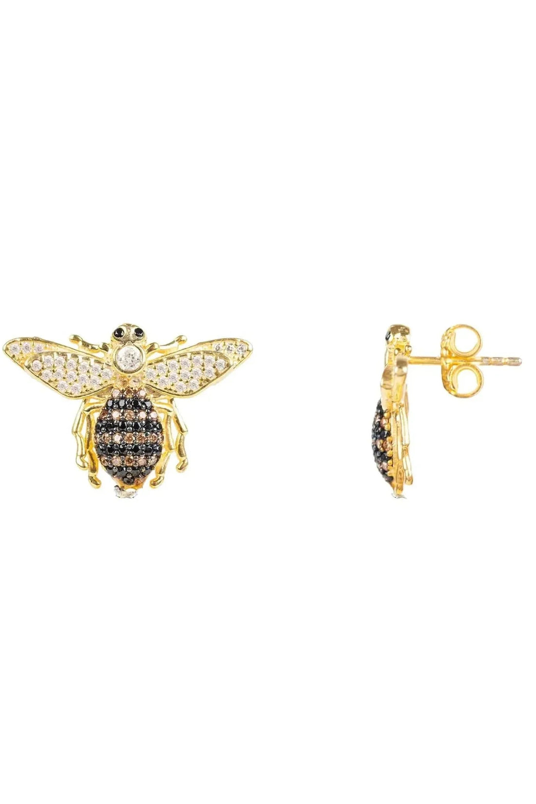 Gold honey bee stud earrings, side view showing post and back detail