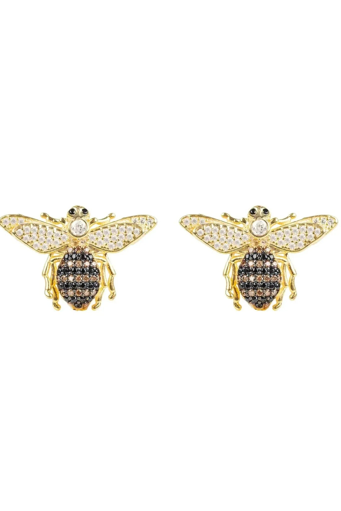 Gold honey bee stud earrings with crystal wings and black enamel body