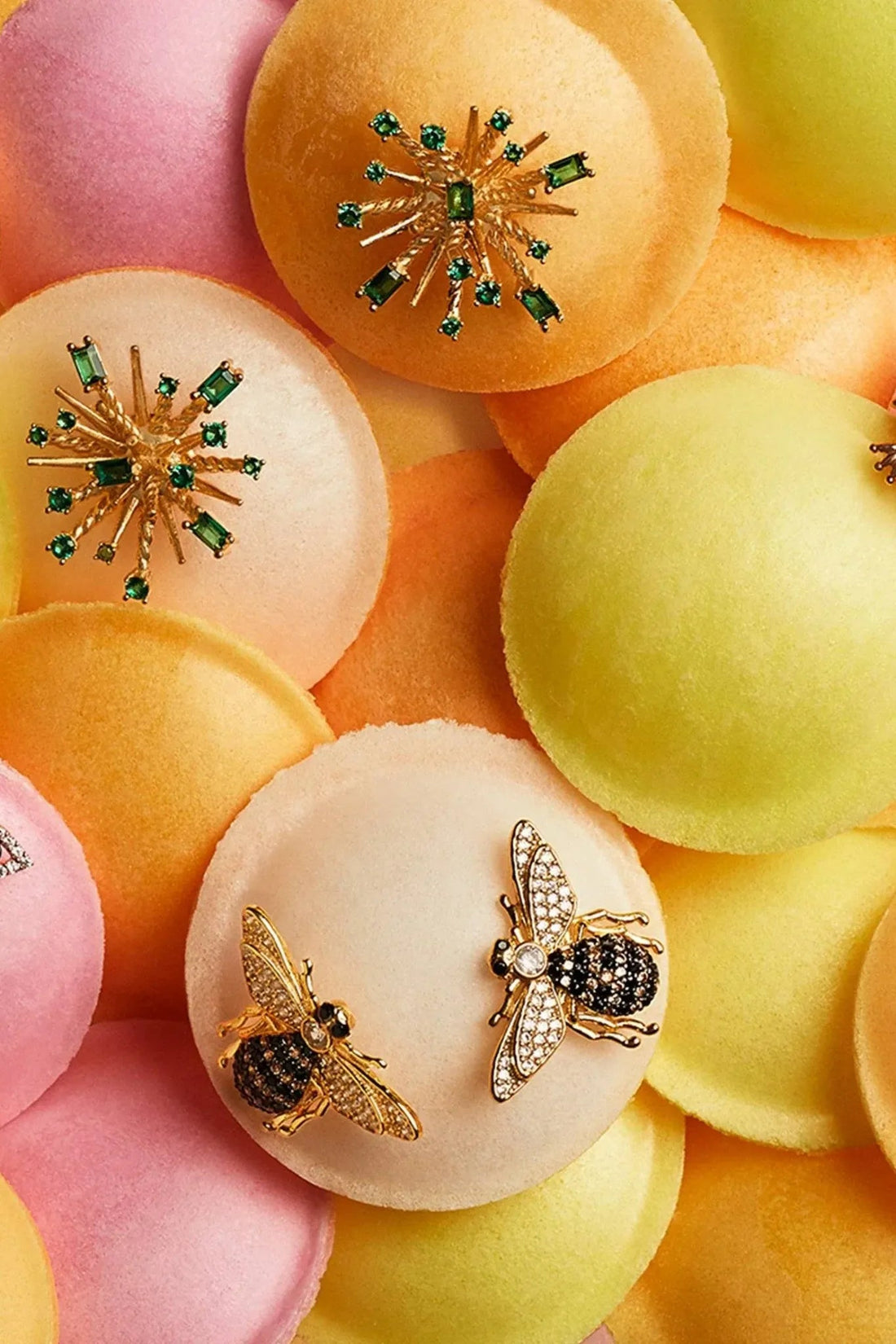 Set of gold honey bee stud earrings with crystal wings and black enamel centers