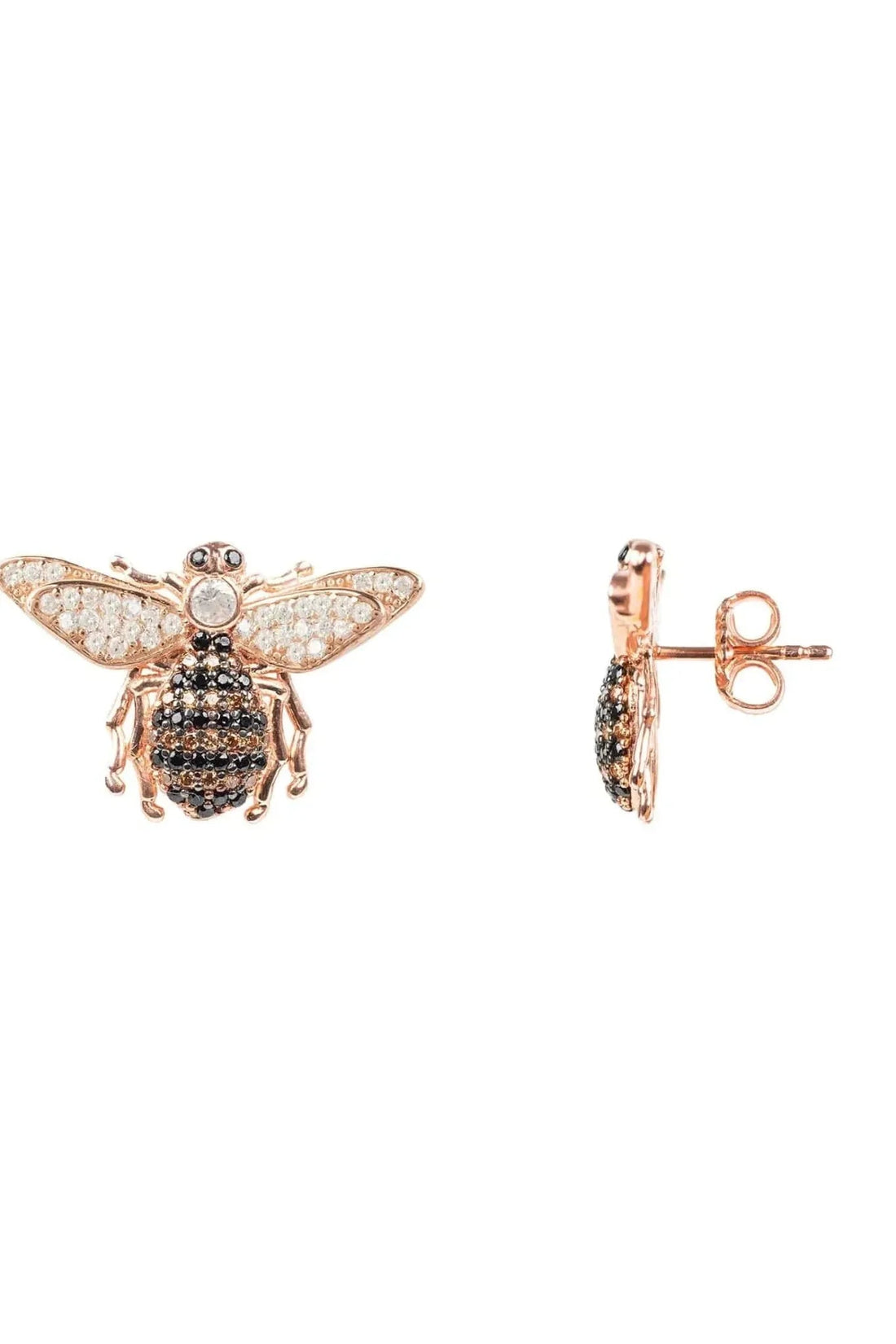 Rose-gold bee stud earrings with crystal wings and visible post back