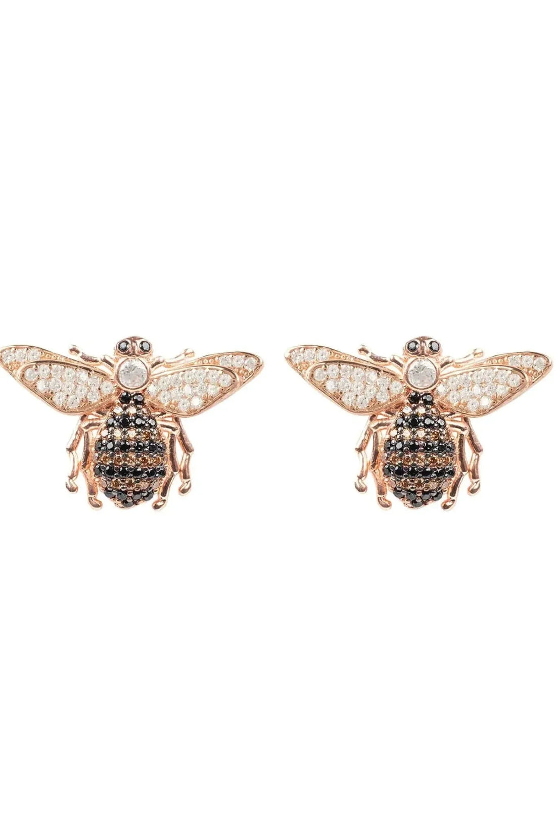 Rose-gold bee stud earrings with crystal wings and round halo accents