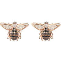 Rose-gold bee stud earrings with crystal wings and round halo accents
