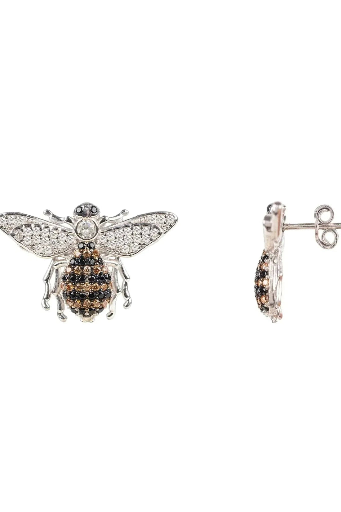 Silver honey bee stud earring pair, side view of crystal bee with post back