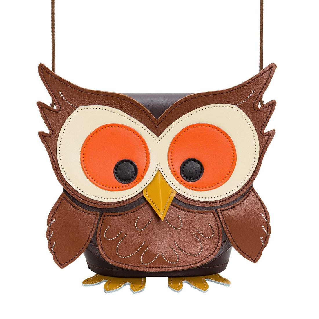 Brown owl leather bag with orange eyes, cream patches, and stitched beak