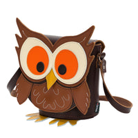 Owl leather crossbody bag with brown body, orange eyes, and adjustable shoulder strap