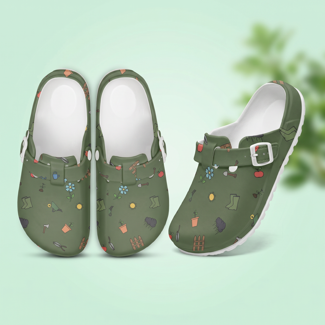 Forest Green Comfortable Garden EVA Clogs for Women with Gardening Icons Design