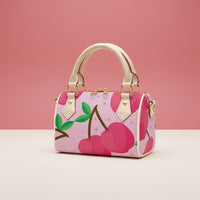 Cherry Handbag | Chic Crossbody Bag with Pink Cherries & Pink Background