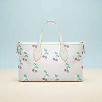 Cherry Handbag | Small Handheld Tote with Red & Lilac Cherries on Cream