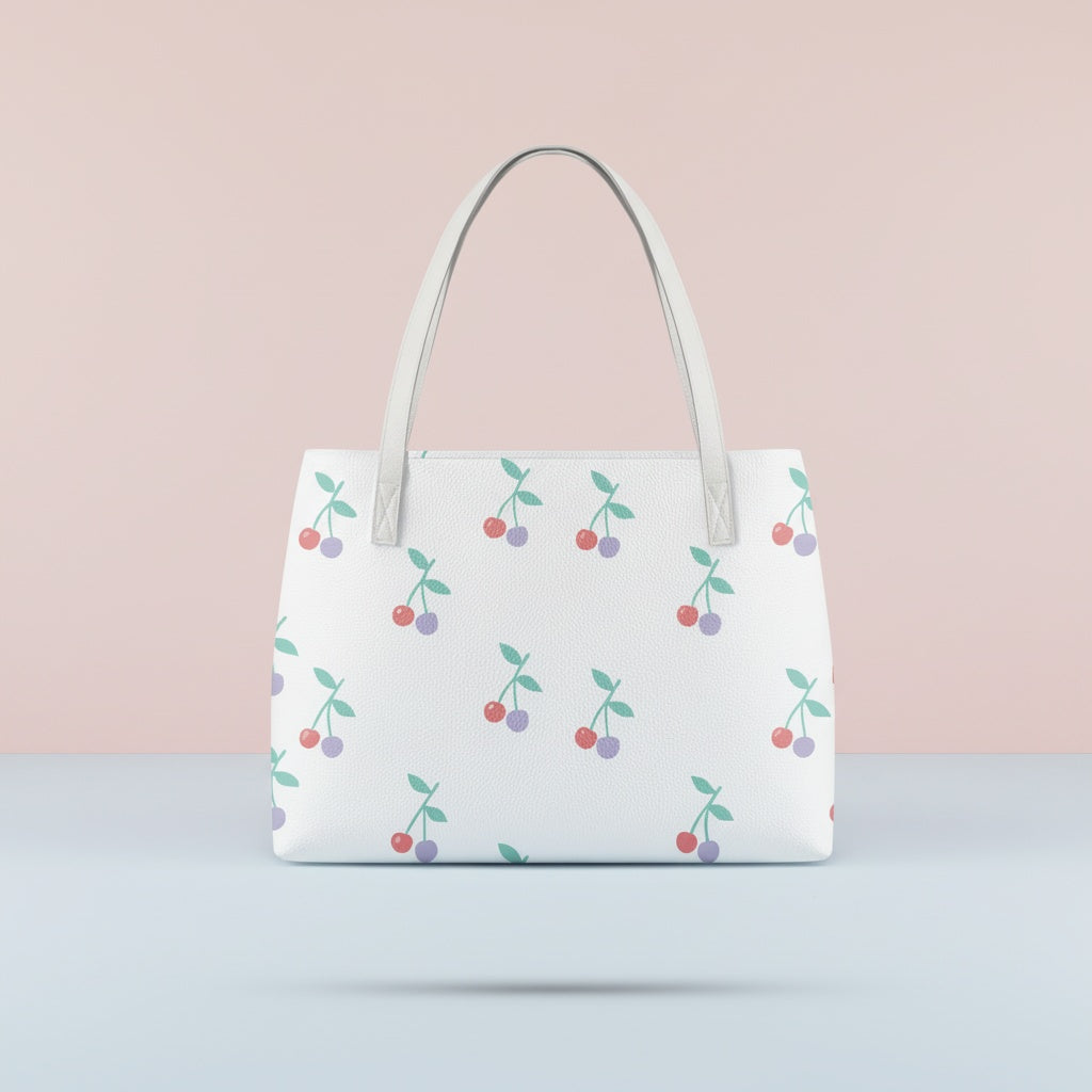 Handbag Cherry | Waterproof Shoulder Tote with Red & Lilac Cherries on Cream
