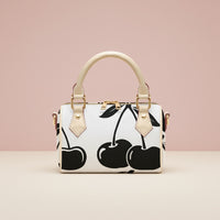 Cherry Handbag | Chic Crossbody Bag with Black Cherries on White