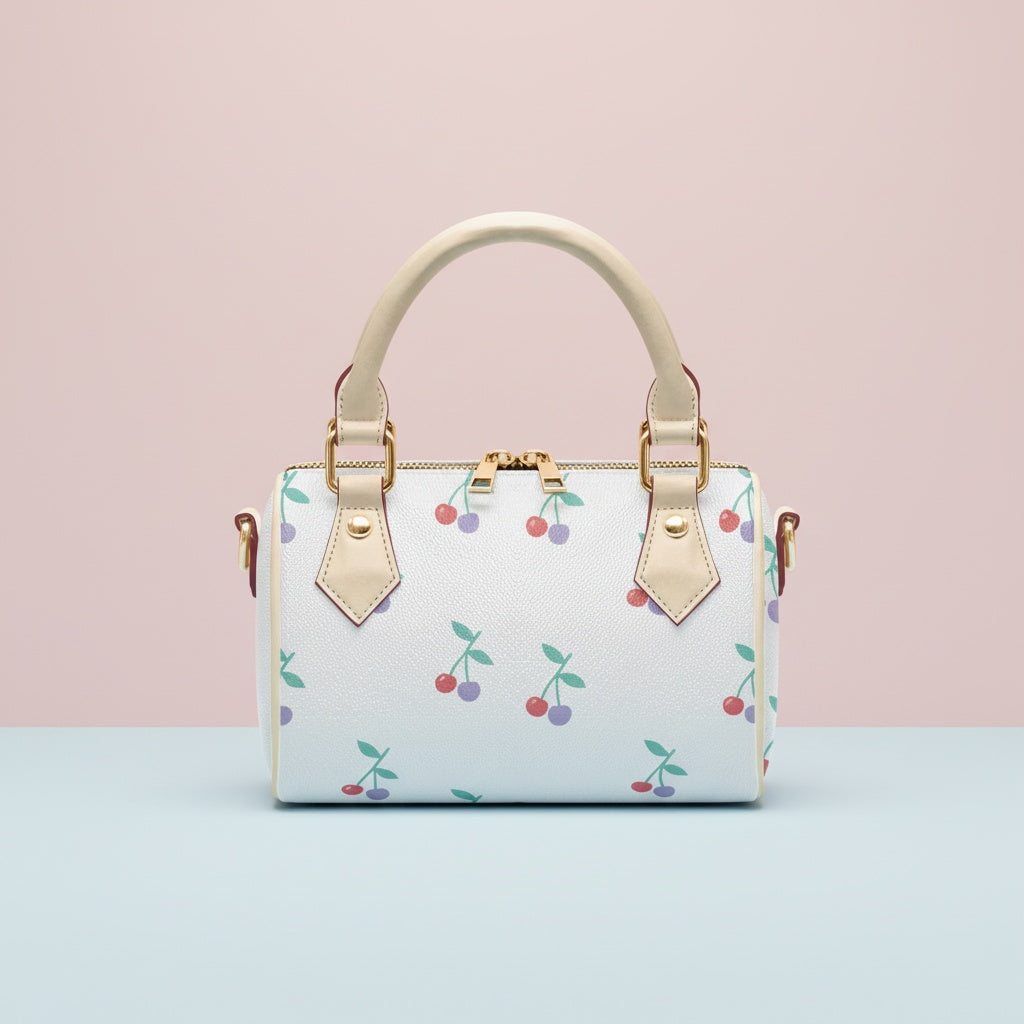 Cherry Handbag | Chic Crossbody Bag with Red & Lilac Cherries on Cream