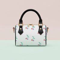 Cherry Handbag | Chic Crossbody Bag with Red & Lilac Cherries on Cream
