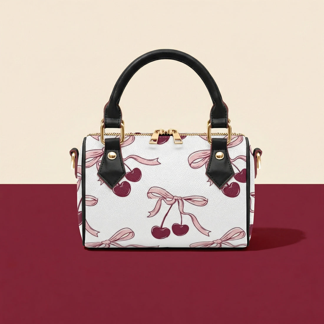 Cherry Handbag | Chic Crossbody Bag with Deep Red Cherries & Pink Bows