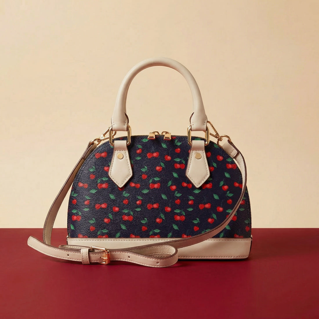 Handbag Cherry | Convertible Shell Crossbody in Navy with Red Cherries