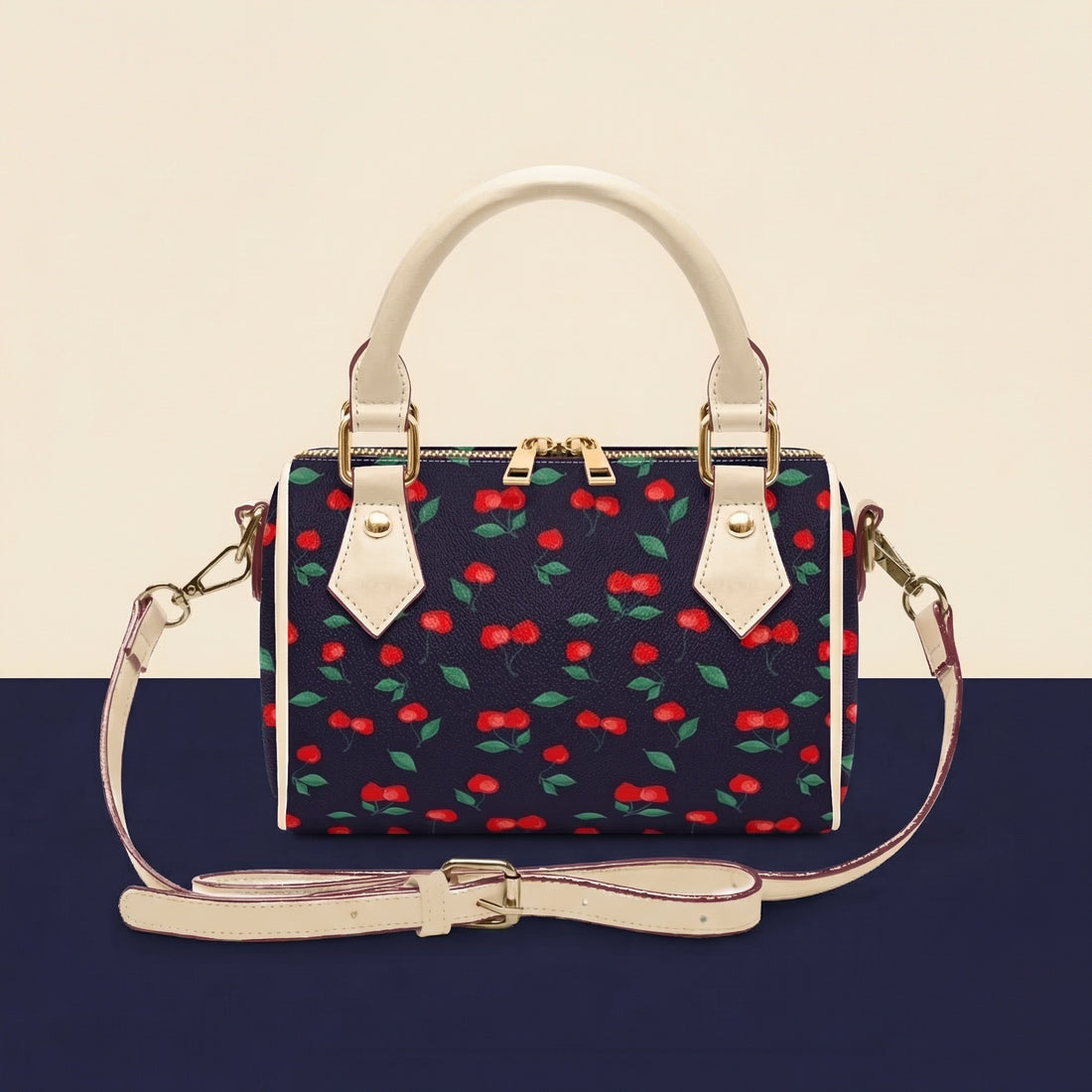 Cherry Handbag | Chic Crossbody Bag in Navy with Red Cherries