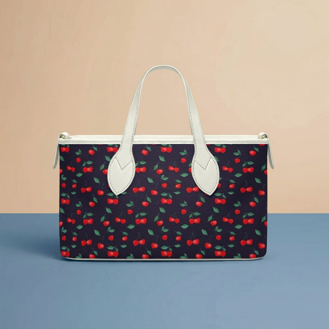 Cherry Handbag | Small Handheld Tote in Navy with Red Cherries