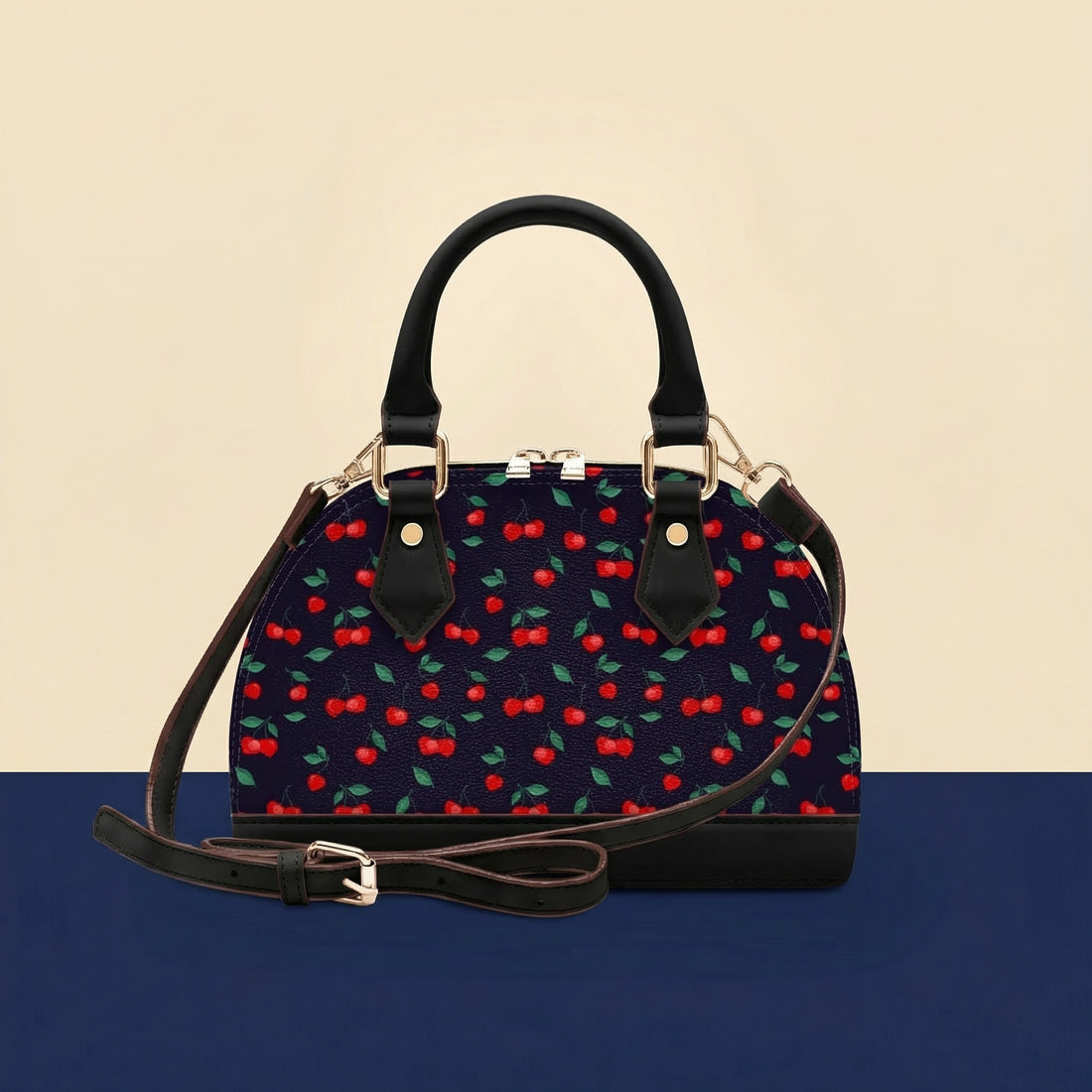 Handbag Cherry | Convertible Shell Crossbody in Navy with Red Cherries