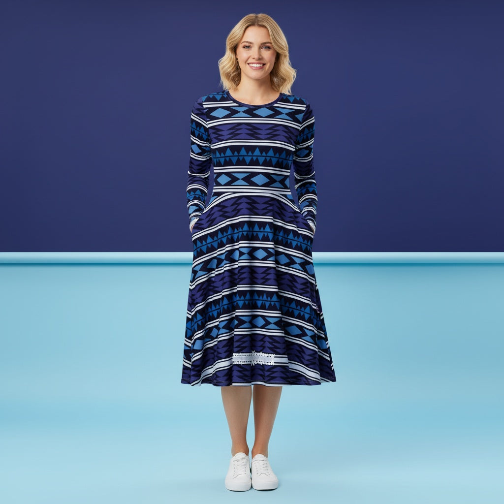 Aztec Blue Dress | Geometric Tribal Long Sleeve Midi Dress with Pockets