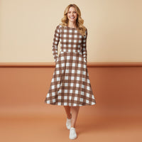 Brown Gingham Midi Dress | Vintage Plaid Long Sleeve Midi Dress with Pockets
