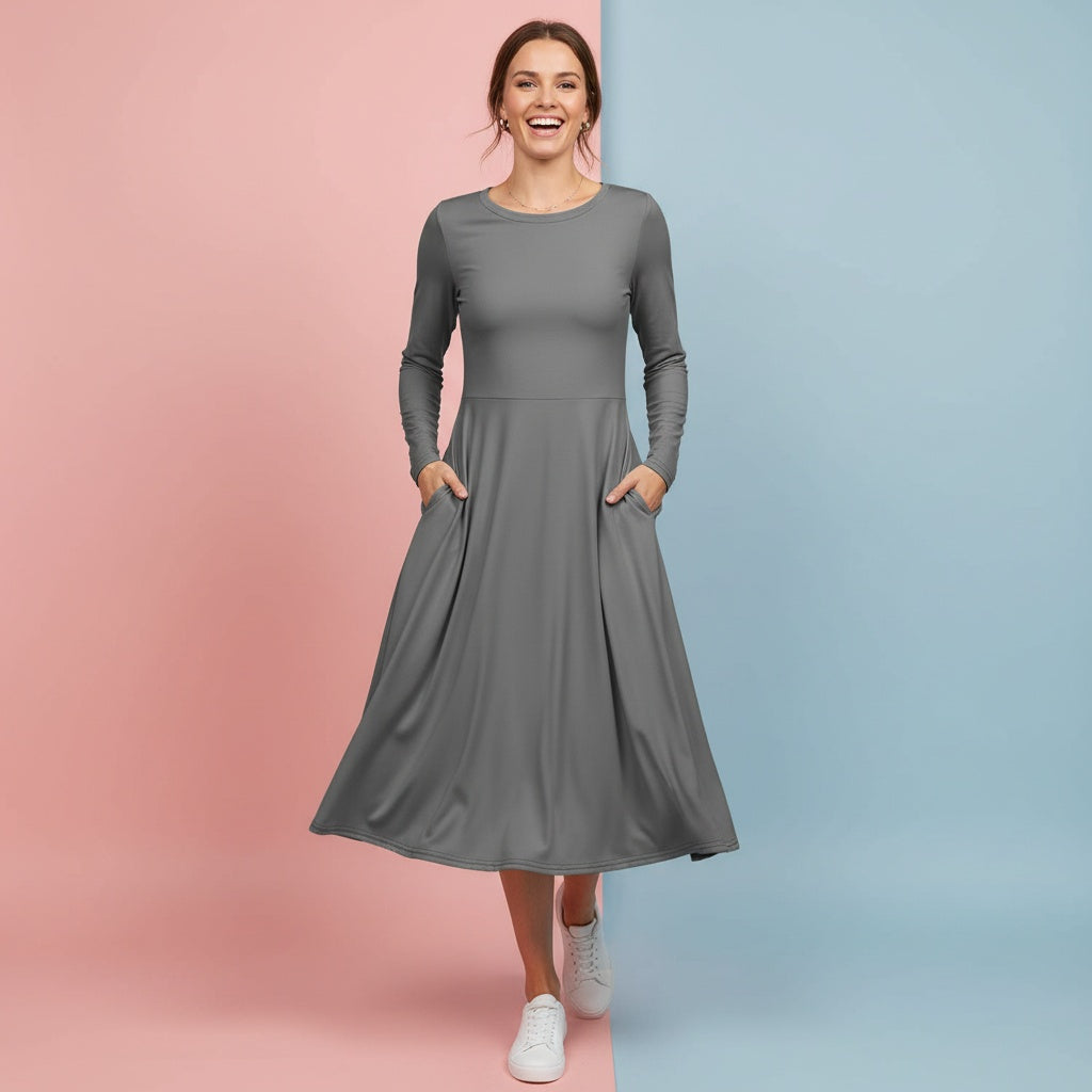 Modest Grey Dress | Charcoal Neutral Long Sleeve Midi Dress with Pockets