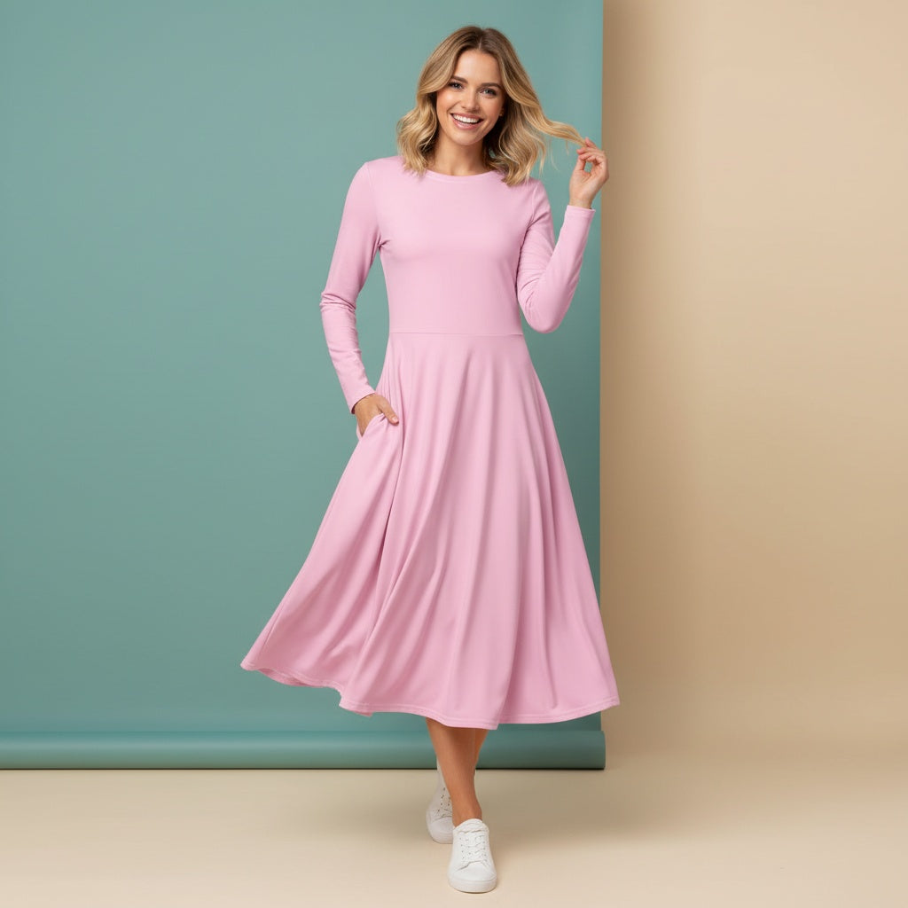 Pink Modest Dresses | Light Pink Long Sleeve Midi Dress for Women